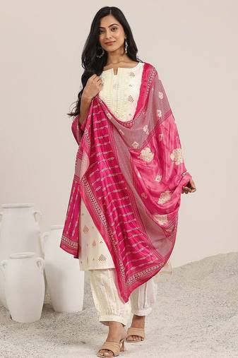 women ethnic motifs printed regular thread work kurta with dhoti pants & with dupatta