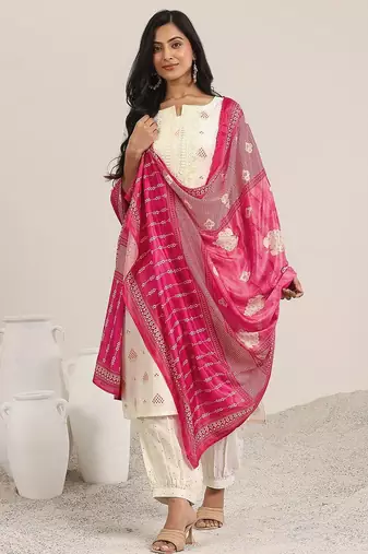 women ethnic motifs printed regular thread work kurta with dhoti pants & with dupatta