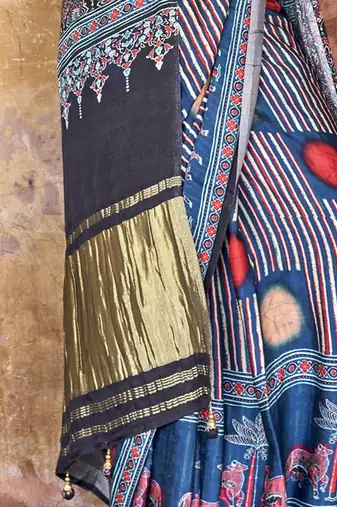 Navy blue ajrak block leheriya saree