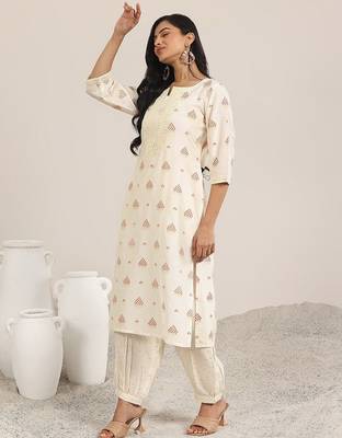 women ethnic motifs printed regular thread work kurta with dhoti pants & with dupatta 3