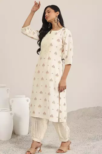 women ethnic motifs printed regular thread work kurta with dhoti pants & with dupatta
