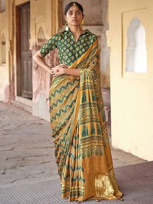 Mustard ajrak block silk blend leheriya saree 1