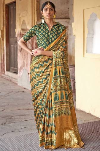 Mustard ajrak block silk blend leheriya saree