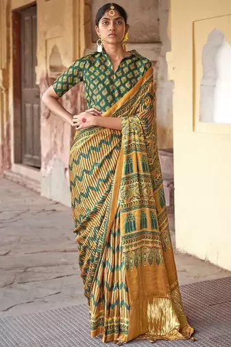 Mustard ajrak block silk blend leheriya saree
