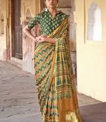 Mustard ajrak block silk blend leheriya saree