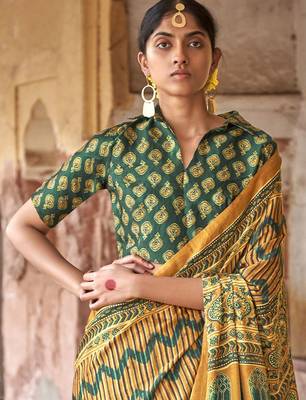 Mustard ajrak block silk blend leheriya saree 2