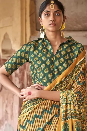 Mustard ajrak block silk blend leheriya saree