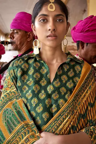 Mustard ajrak block silk blend leheriya saree