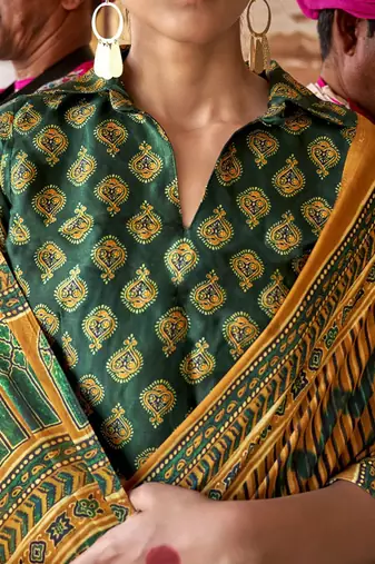 Mustard ajrak block silk blend leheriya saree