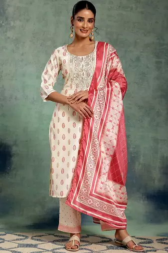 women ethnic motifs printed regular thread work kurta with trousers & with dupatta