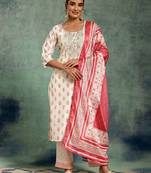 women ethnic motifs printed regular thread work kurta with trousers & with dupatta