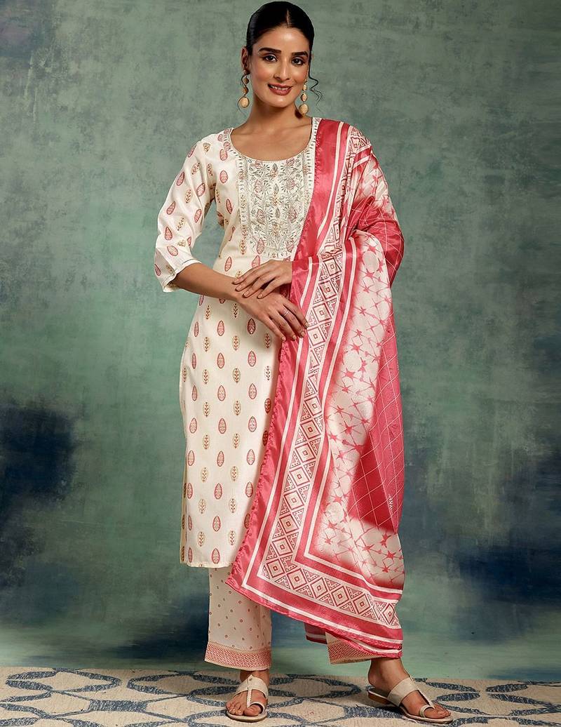women ethnic motifs printed regular thread work kurta with trousers & with dupatta