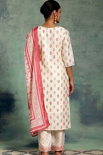 women ethnic motifs printed regular thread work kurta with trousers & with dupatta