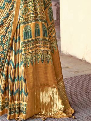 Mustard ajrak block silk blend leheriya saree 5