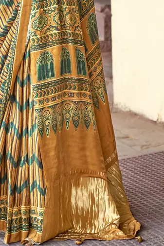 Mustard ajrak block silk blend leheriya saree