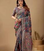 Multicolor paisley embroidered silk blend designer banarasi saree