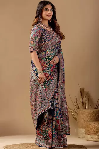 Multicolor paisley embroidered silk blend designer banarasi saree