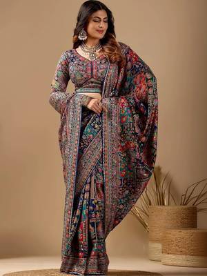 Multicolor paisley embroidered silk blend designer banarasi saree 3