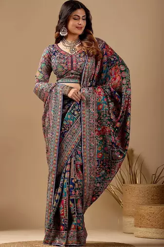 Multicolor paisley embroidered silk blend designer banarasi saree