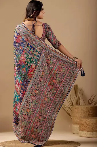 Multicolor paisley embroidered silk blend designer banarasi saree