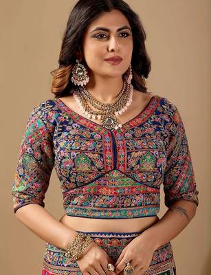 Multicolor paisley embroidered silk blend designer banarasi saree 5