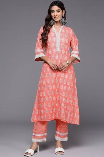 women ethnic motifs printed regular thread work kurta with palazzos