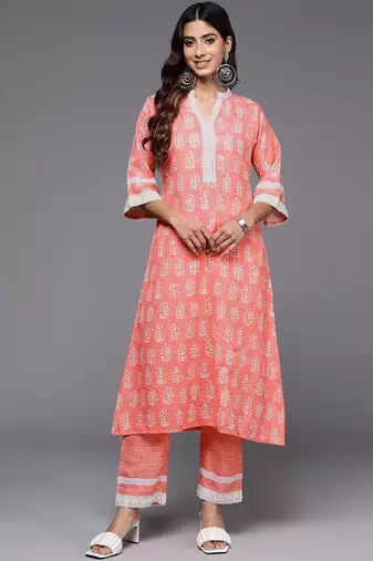 women ethnic motifs printed regular thread work kurta with palazzos