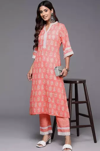 women ethnic motifs printed regular thread work kurta with palazzos