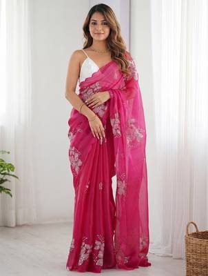 Pink embellished sequinned organza heavy work ready to wear saree 1