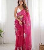 Pink embellished sequinned organza heavy work ready to wear saree
