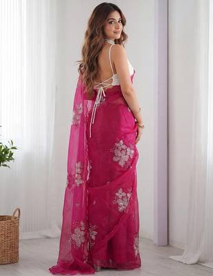 Pink embellished sequinned organza heavy work ready to wear saree 3