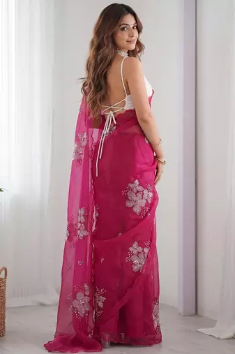 Pink embellished sequinned organza heavy work ready to wear saree