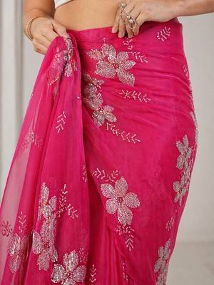 Pink embellished sequinned organza heavy work ready to wear saree 5