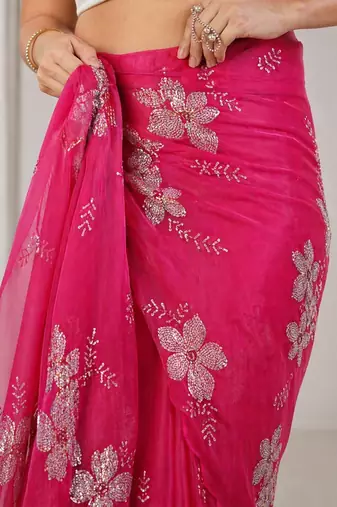 Pink embellished sequinned organza heavy work ready to wear saree