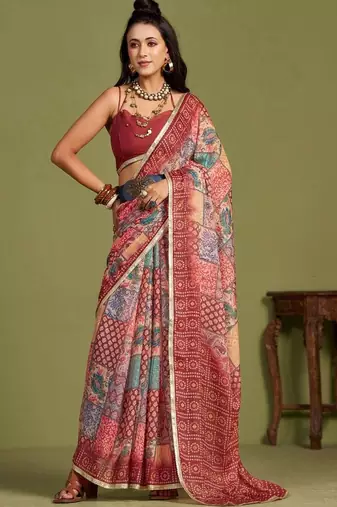 Red embellished  georgette saree with blouse