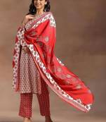 women ethnic motifs printed regular kurta with trousers & with dupatta