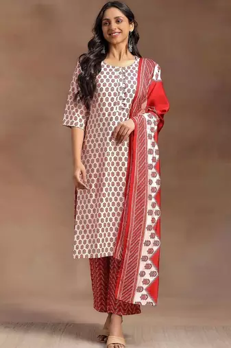 women ethnic motifs printed regular kurta with trousers & with dupatta