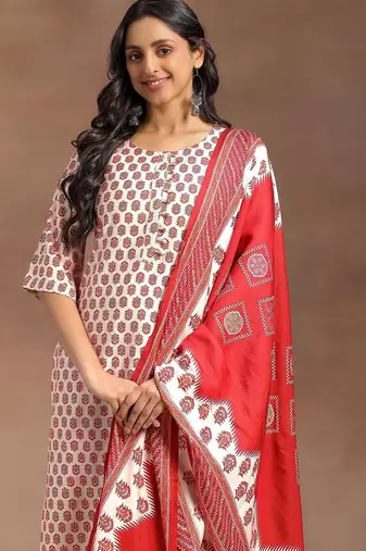 women ethnic motifs printed regular kurta with trousers & with dupatta