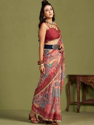 Red embellished  georgette saree with blouse 3