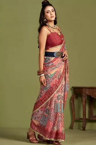 Red embellished  georgette saree with blouse