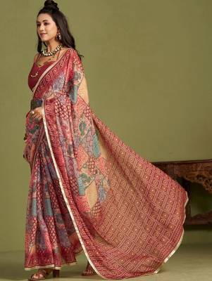 Red embellished  georgette saree with blouse 5