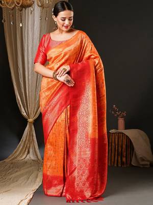 Peach peach-coloured & red ethnic motifs woven design zari kanjeevaram saree 1