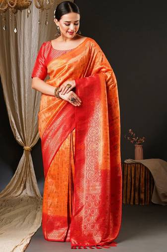 Peach peach-coloured & red ethnic motifs woven design zari kanjeevaram saree