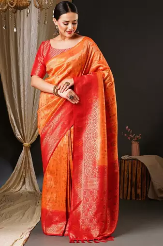 Peach peach-coloured & red ethnic motifs woven design zari kanjeevaram saree