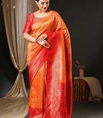 Peach peach-coloured & red ethnic motifs woven design zari kanjeevaram saree