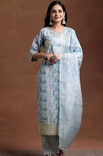 women printed regular thread work kurta with trousers & with dupatta