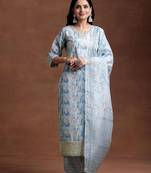 women printed regular thread work kurta with trousers & with dupatta