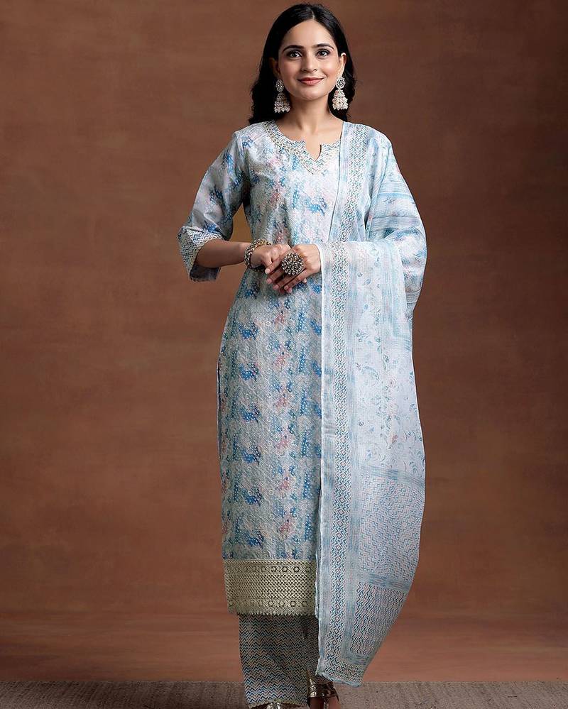 women printed regular thread work kurta with trousers & with dupatta