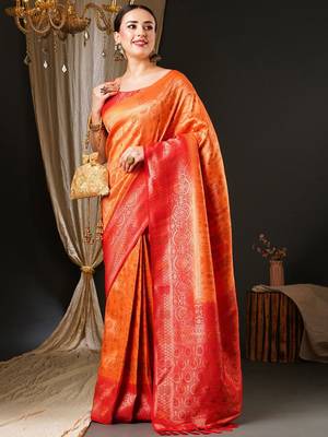 Peach peach-coloured & red ethnic motifs woven design zari kanjeevaram saree 2