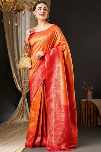 Peach peach-coloured & red ethnic motifs woven design zari kanjeevaram saree